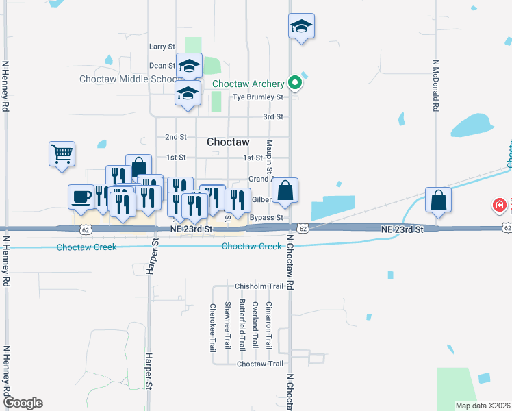 map of restaurants, bars, coffee shops, grocery stores, and more near 2492 Clarke Street in Choctaw