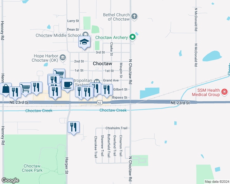 map of restaurants, bars, coffee shops, grocery stores, and more near 2492 Clarke Street in Choctaw
