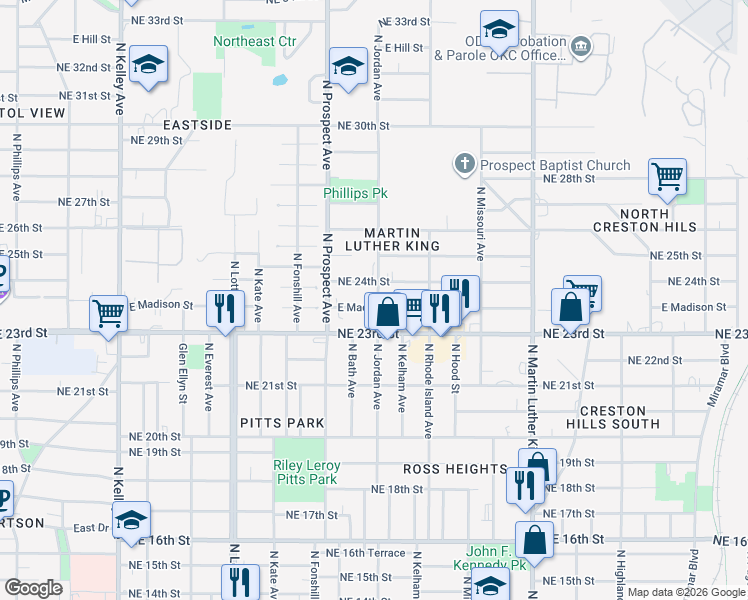 map of restaurants, bars, coffee shops, grocery stores, and more near 1545 East Madison Street in Oklahoma City