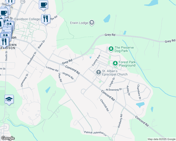 map of restaurants, bars, coffee shops, grocery stores, and more near 107 Caldwell Lane in Davidson