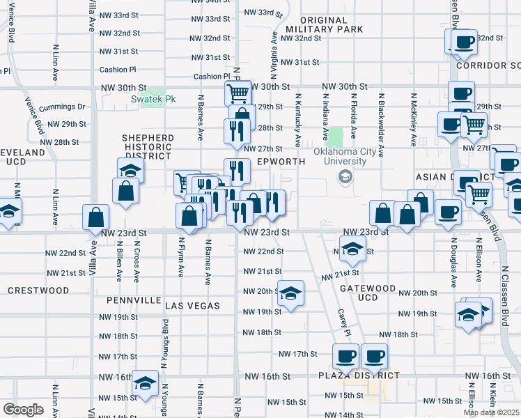 map of restaurants, bars, coffee shops, grocery stores, and more near 2500 North Pennsylvania Avenue in Oklahoma City