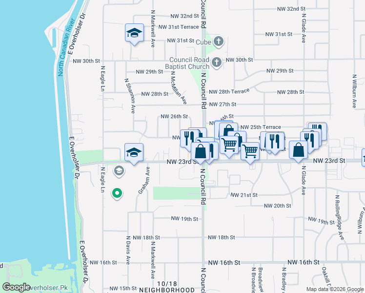 map of restaurants, bars, coffee shops, grocery stores, and more near 8131 Northwest 23rd Street in Oklahoma City