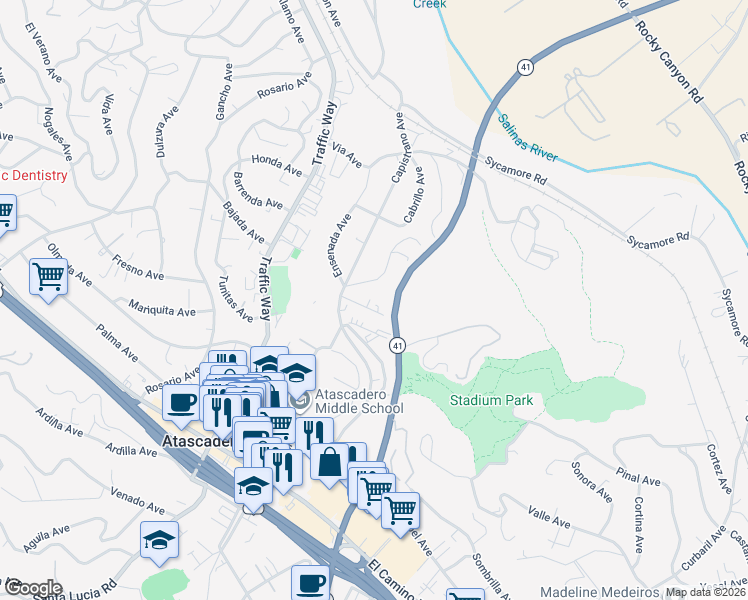 map of restaurants, bars, coffee shops, grocery stores, and more near 6755 Country Club Drive in Atascadero