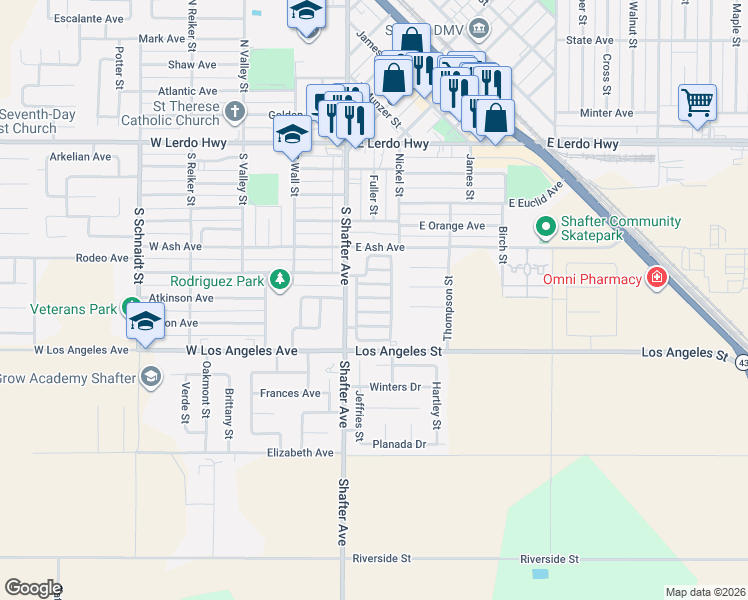 map of restaurants, bars, coffee shops, grocery stores, and more near 700 South Shafter Avenue in Shafter