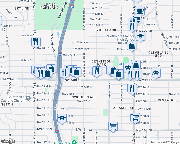 map of restaurants, bars, coffee shops, grocery stores, and more near 3225 Northwest 24th Street in Oklahoma City