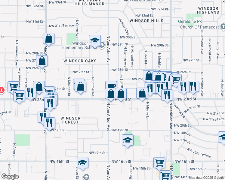map of restaurants, bars, coffee shops, grocery stores, and more near 2416 North Ann Arbor Avenue in Oklahoma City