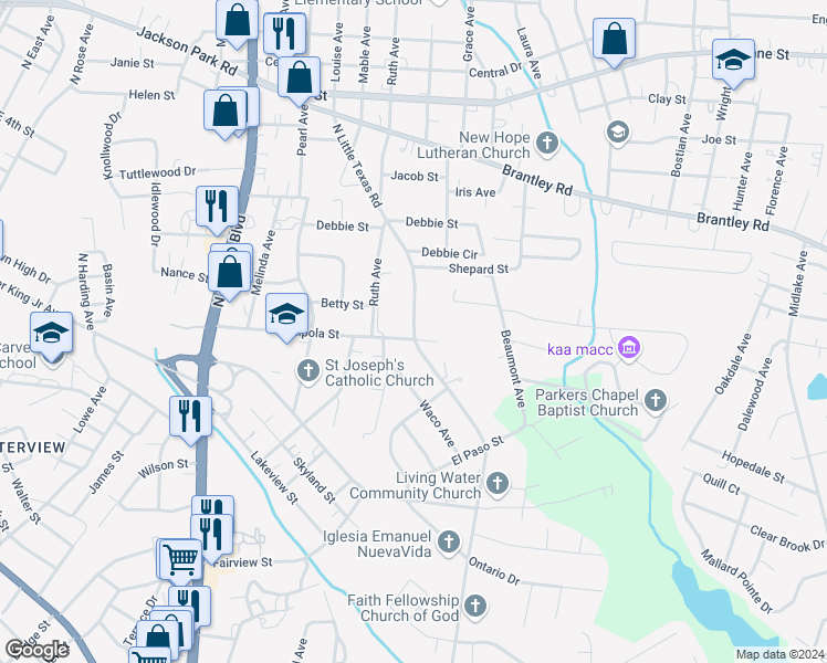 map of restaurants, bars, coffee shops, grocery stores, and more near 400 North Little Texas Road in Kannapolis