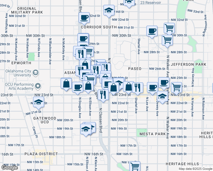 map of restaurants, bars, coffee shops, grocery stores, and more near in Oklahoma City