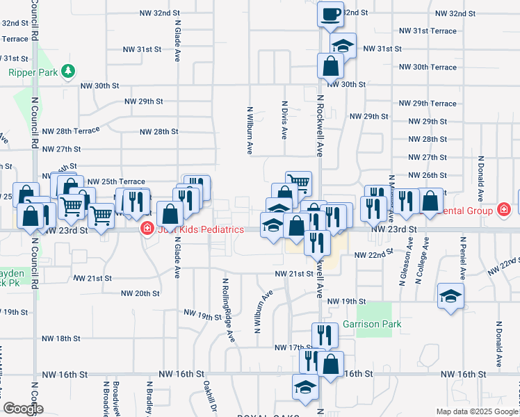map of restaurants, bars, coffee shops, grocery stores, and more near 2510-2564 N Wilburn Ave in Bethany