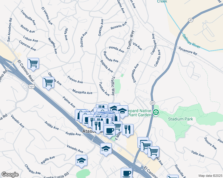 map of restaurants, bars, coffee shops, grocery stores, and more near 5573 Tunitas Avenue in Atascadero