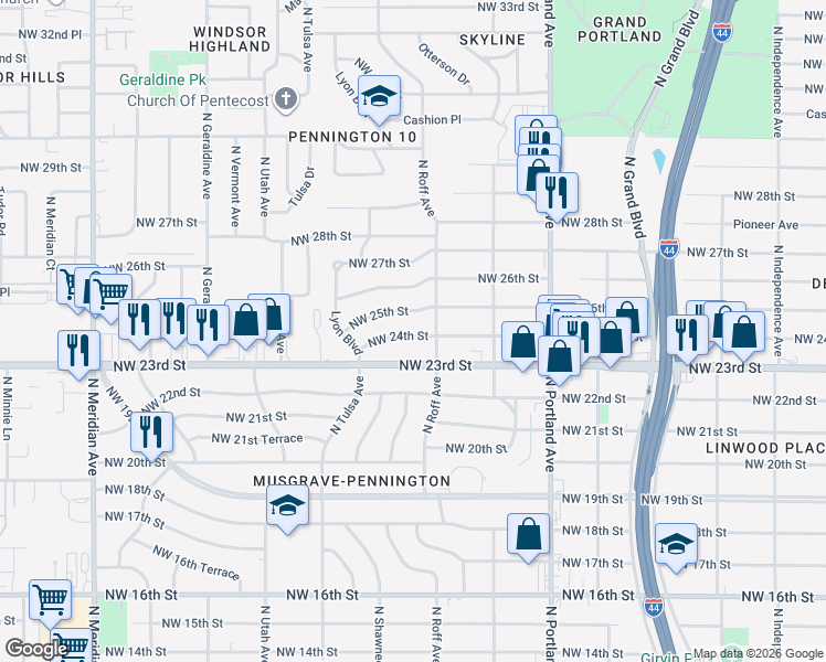 map of restaurants, bars, coffee shops, grocery stores, and more near 3913 Northwest 24th Street in Oklahoma City