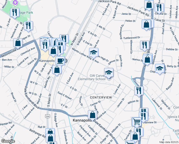 map of restaurants, bars, coffee shops, grocery stores, and more near 119 York Avenue in Kannapolis