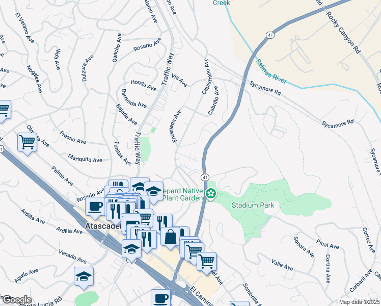 map of restaurants, bars, coffee shops, grocery stores, and more near Country Club Drive in Atascadero