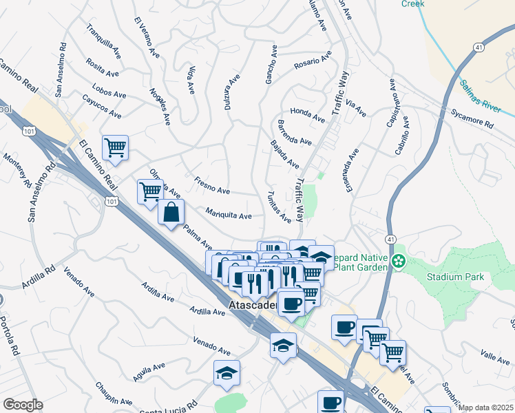 map of restaurants, bars, coffee shops, grocery stores, and more near 5650 Rosario Avenue in Atascadero