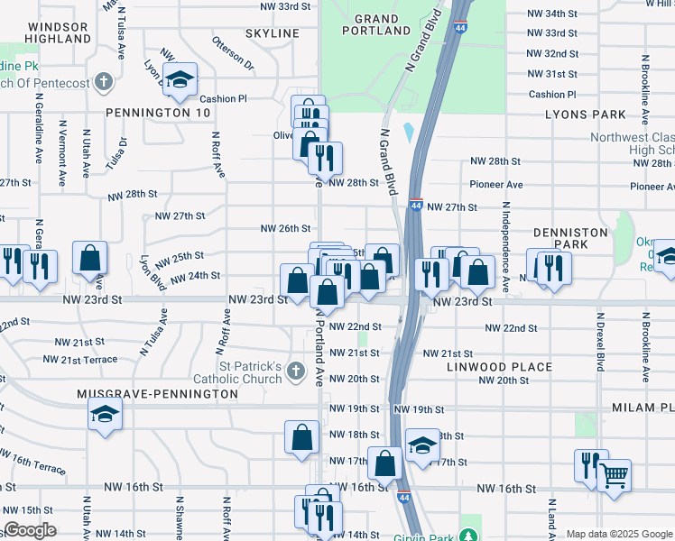 map of restaurants, bars, coffee shops, grocery stores, and more near 3629 Northwest 24th Street in Oklahoma City