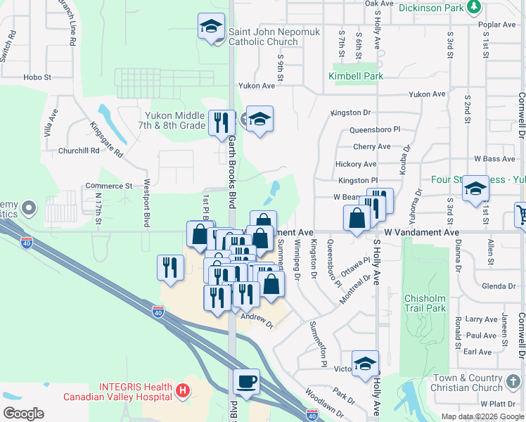 map of restaurants, bars, coffee shops, grocery stores, and more near 1001 Garth Brooks Boulevard in Yukon