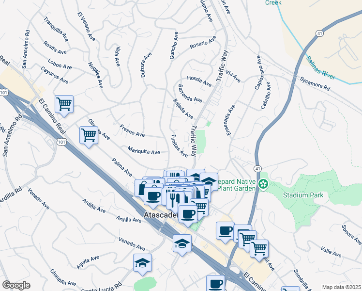 map of restaurants, bars, coffee shops, grocery stores, and more near 5573 Tunitas Ave in Atascadero