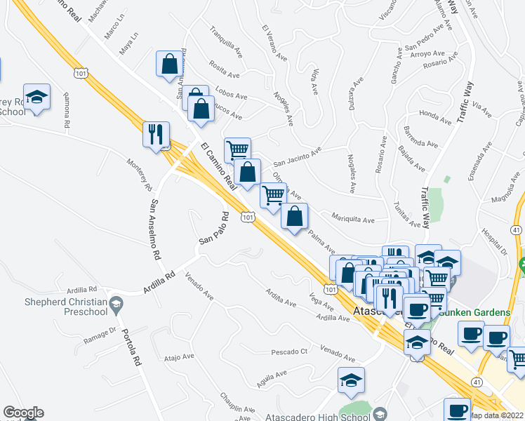 map of restaurants, bars, coffee shops, grocery stores, and more near 5075 El Camino Real in Atascadero
