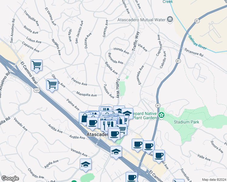 map of restaurants, bars, coffee shops, grocery stores, and more near 5580 Traffic Way in Atascadero