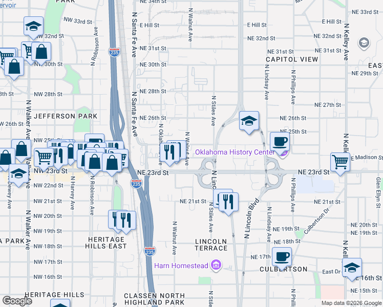 map of restaurants, bars, coffee shops, grocery stores, and more near 205 East Madison Street in Oklahoma City