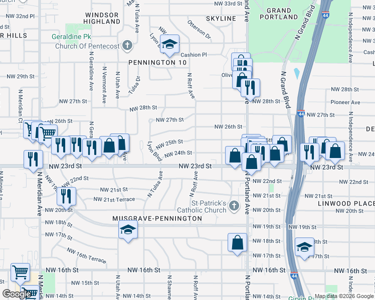 map of restaurants, bars, coffee shops, grocery stores, and more near 3913 Northwest 24th Street in Oklahoma City