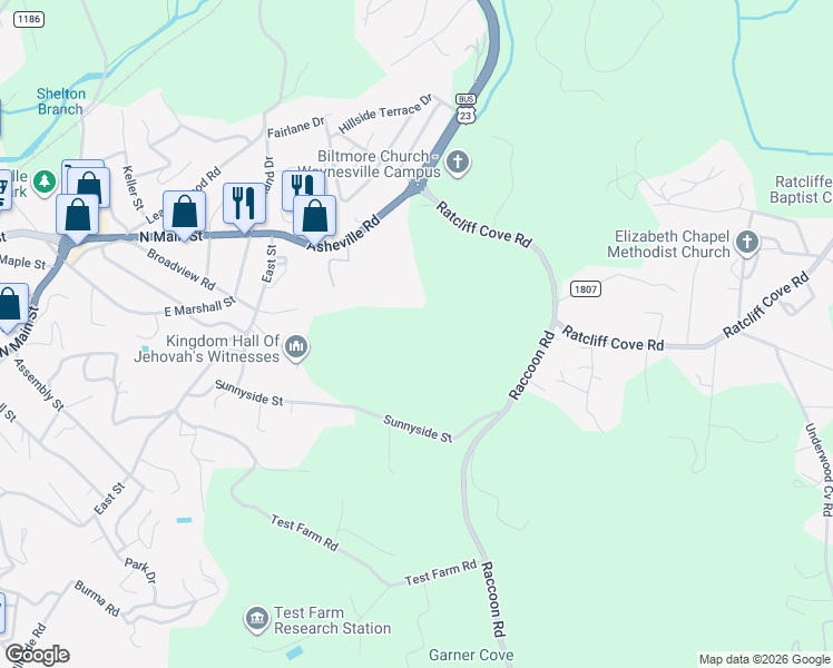 map of restaurants, bars, coffee shops, grocery stores, and more near 1432 Asheville Road in Waynesville