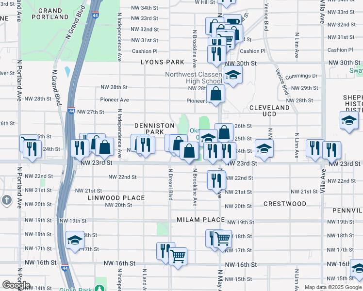 map of restaurants, bars, coffee shops, grocery stores, and more near 2500 Denniston Drive in Oklahoma City