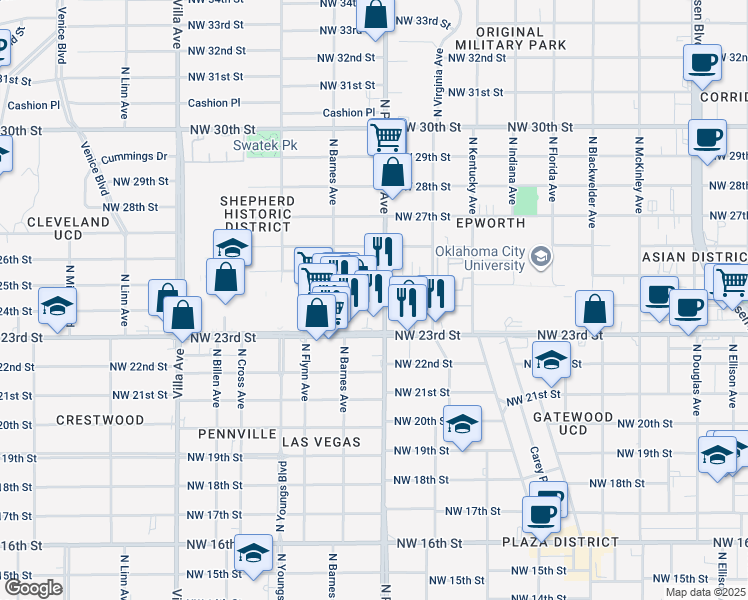 map of restaurants, bars, coffee shops, grocery stores, and more near 2501 North Pennsylvania Avenue in Oklahoma City