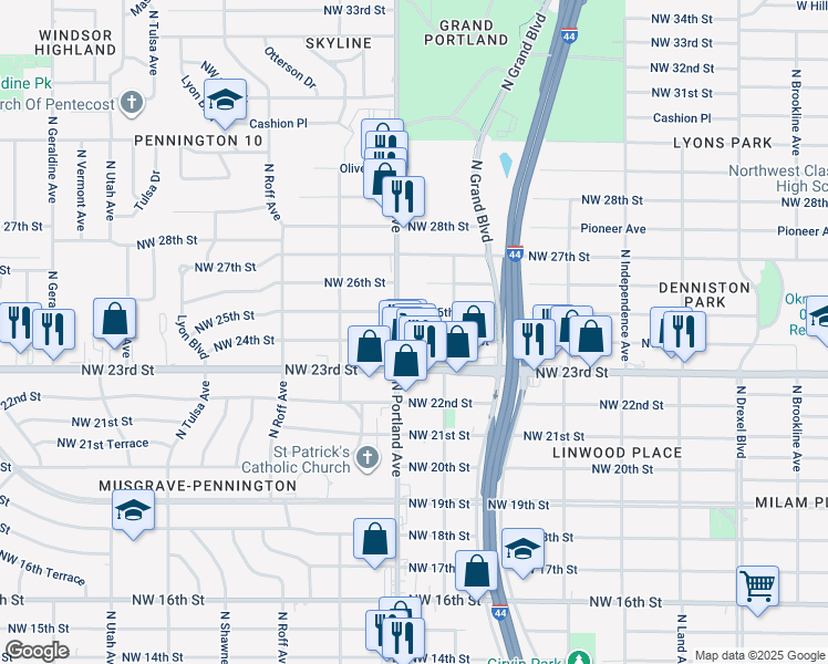 map of restaurants, bars, coffee shops, grocery stores, and more near 3629 Northwest 24th Street in Oklahoma City