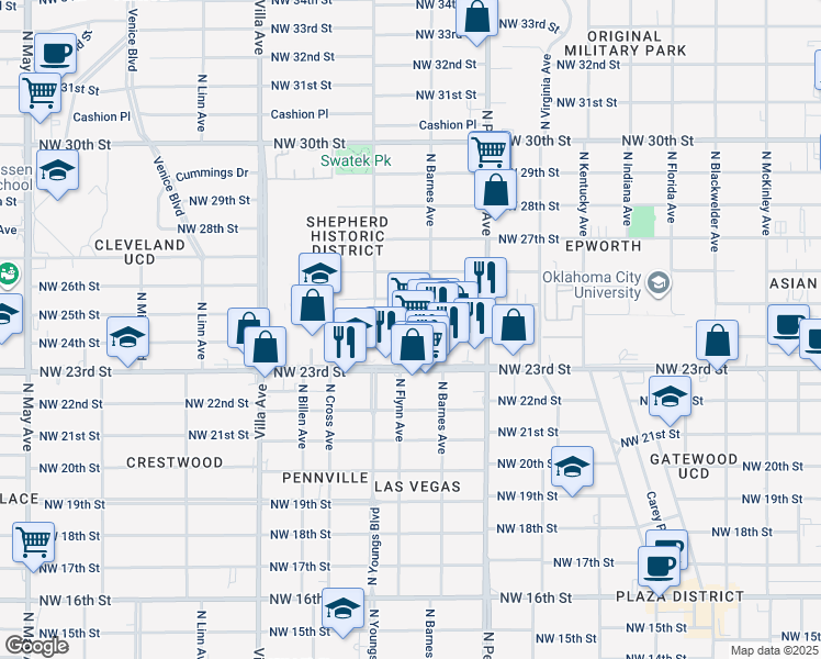 map of restaurants, bars, coffee shops, grocery stores, and more near 2217 Northwest 23rd Street in Oklahoma City