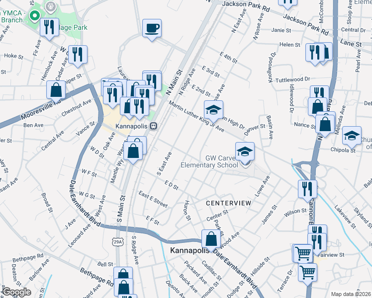 map of restaurants, bars, coffee shops, grocery stores, and more near 124 South Rose Avenue in Kannapolis