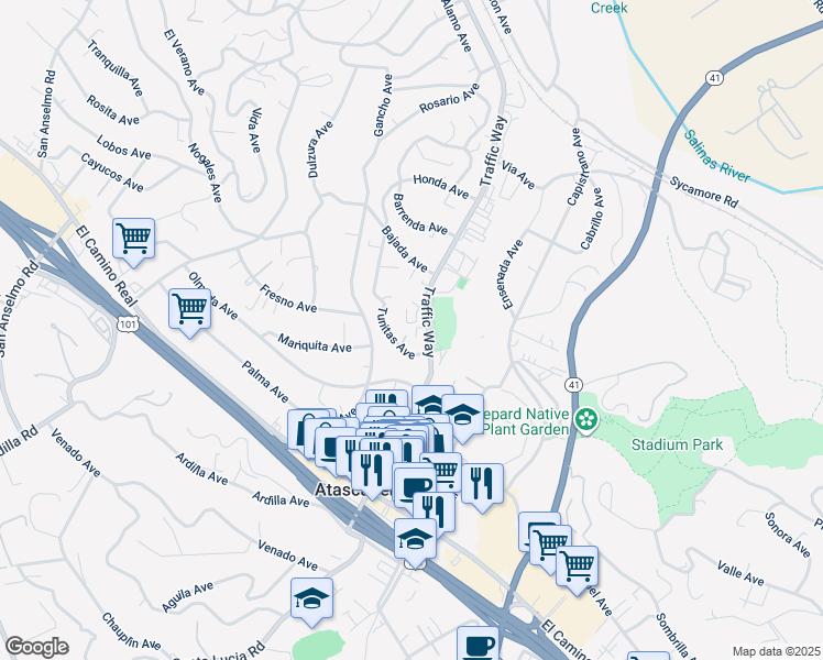 map of restaurants, bars, coffee shops, grocery stores, and more near 5573 Tunitas Avenue in Atascadero