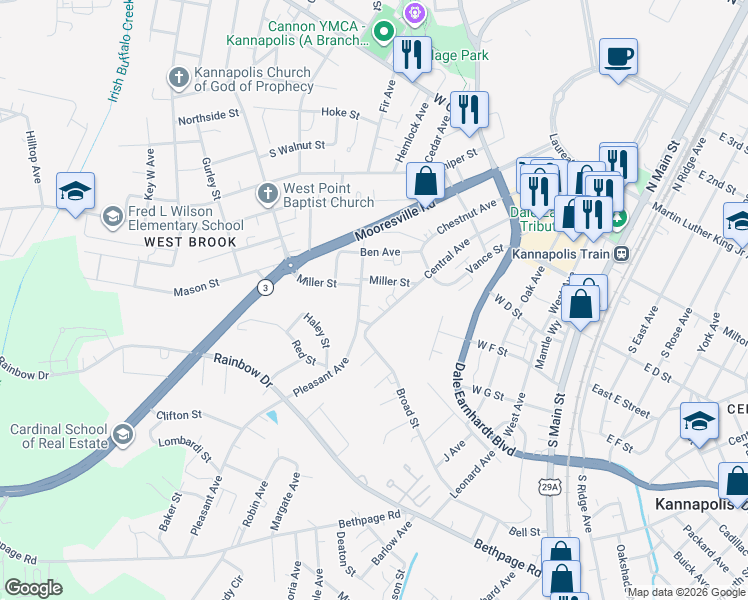 map of restaurants, bars, coffee shops, grocery stores, and more near 418 Central Avenue in Kannapolis