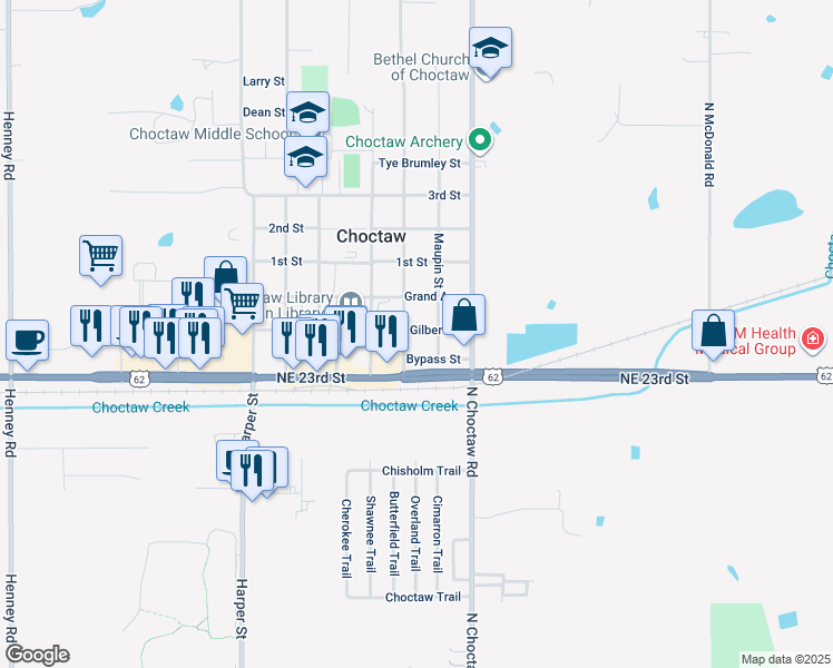 map of restaurants, bars, coffee shops, grocery stores, and more near 2492 Clarke Street in Choctaw