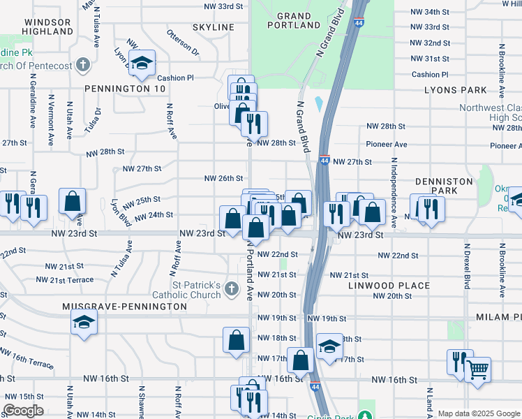 map of restaurants, bars, coffee shops, grocery stores, and more near 3629 Northwest 24th Street in Oklahoma City