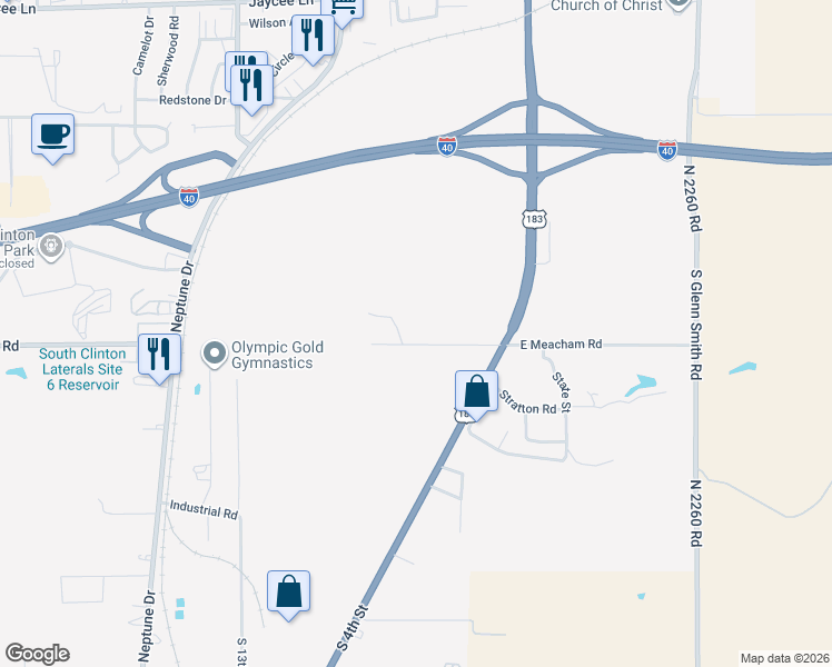 map of restaurants, bars, coffee shops, grocery stores, and more near 184 West Meacham Road in Clinton