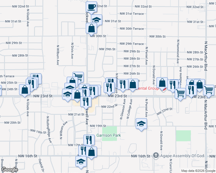 map of restaurants, bars, coffee shops, grocery stores, and more near 2504 North Oakridge Drive in Bethany