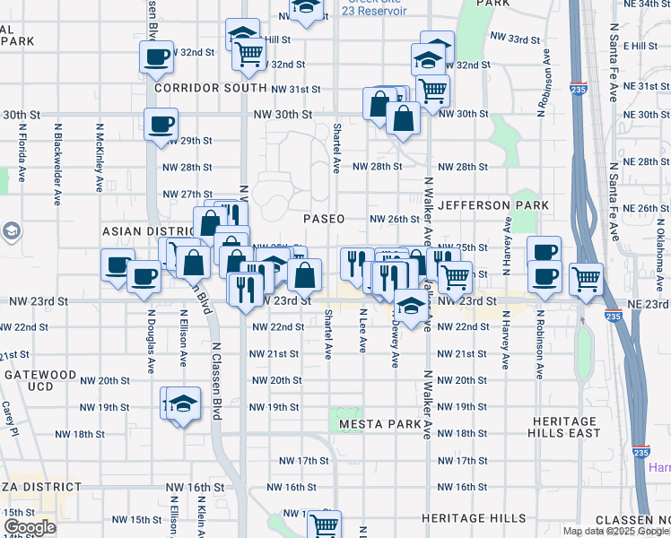map of restaurants, bars, coffee shops, grocery stores, and more near 733 Northwest 24th Street in Oklahoma City