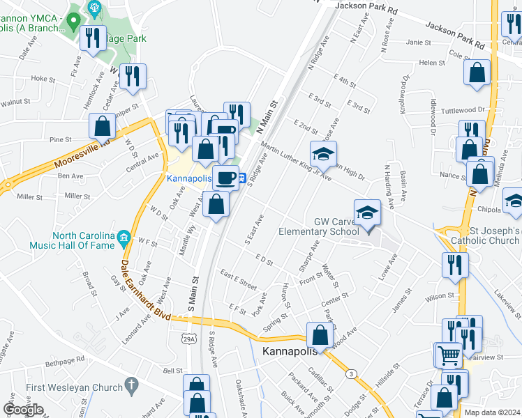 map of restaurants, bars, coffee shops, grocery stores, and more near 202 South East Avenue in Kannapolis