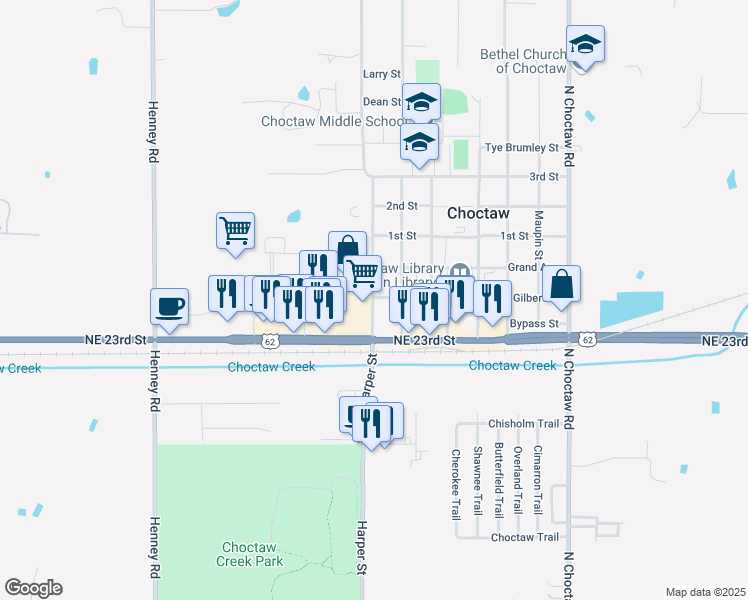 map of restaurants, bars, coffee shops, grocery stores, and more near 2496 Harper Road in Choctaw