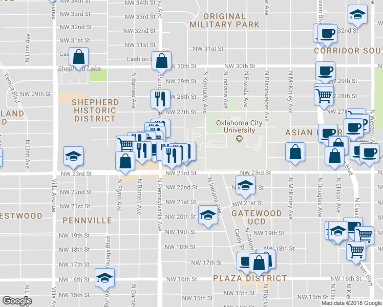 map of restaurants, bars, coffee shops, grocery stores, and more near 1915 North West 24th Street in Oklahoma City