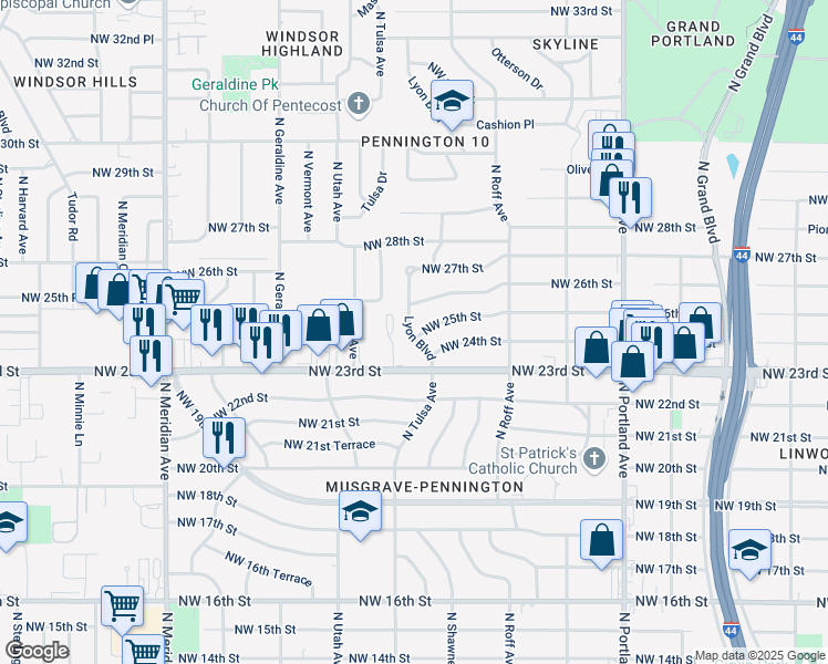 map of restaurants, bars, coffee shops, grocery stores, and more near 2600 Lyon Boulevard in Oklahoma City