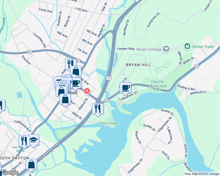 map of restaurants, bars, coffee shops, grocery stores, and more near 154 Richland Street in Dayton