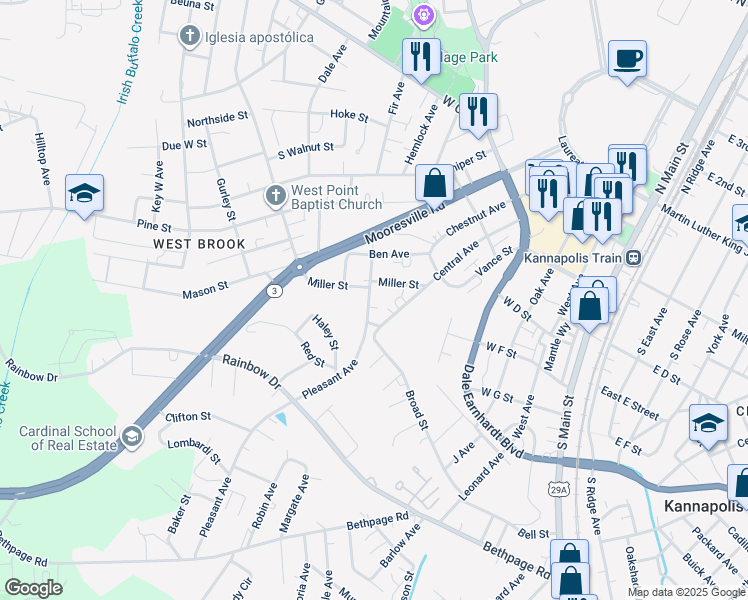 map of restaurants, bars, coffee shops, grocery stores, and more near 423 Pleasant Avenue in Kannapolis