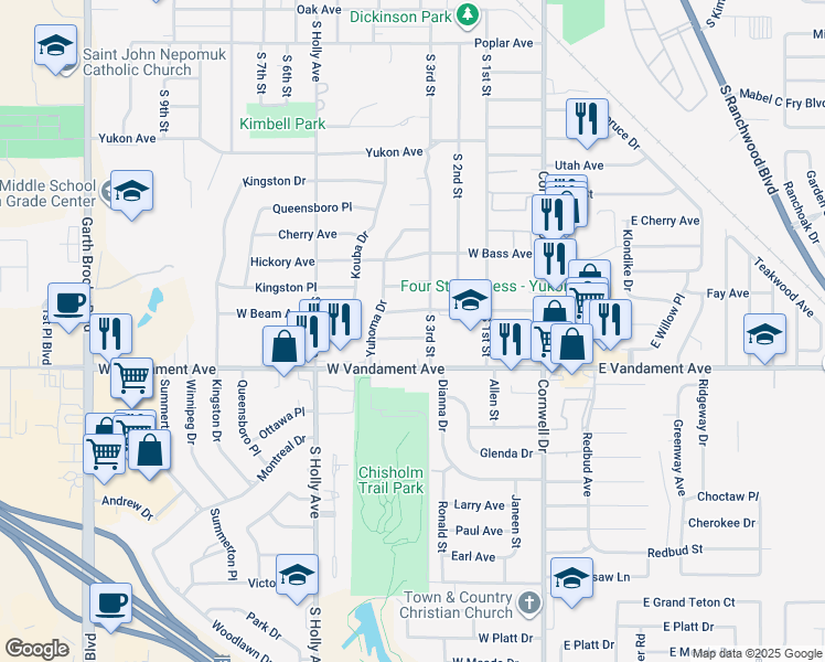 map of restaurants, bars, coffee shops, grocery stores, and more near 313 Willow Place in Yukon