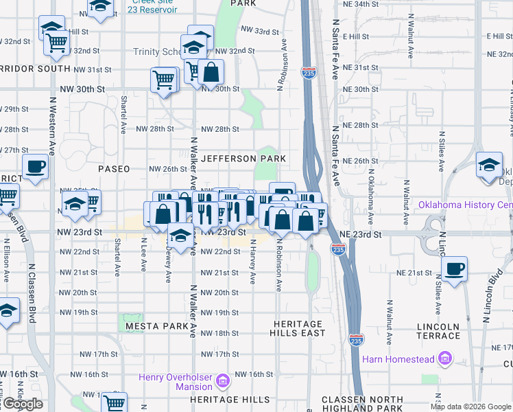 map of restaurants, bars, coffee shops, grocery stores, and more near 225 Northwest 24th Street in Oklahoma City