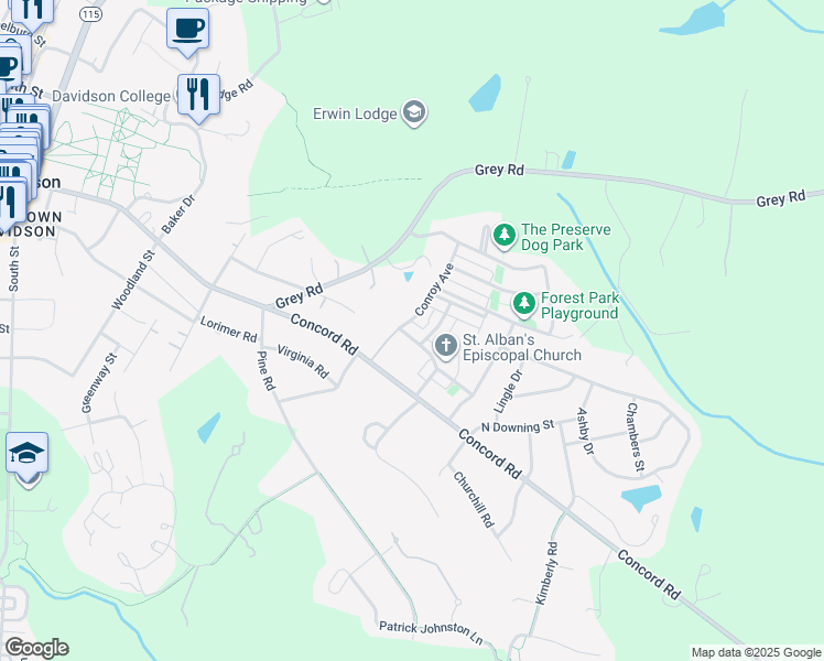 map of restaurants, bars, coffee shops, grocery stores, and more near 107 Caldwell Lane in Davidson