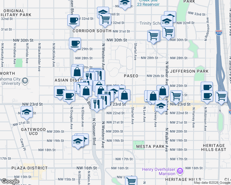 map of restaurants, bars, coffee shops, grocery stores, and more near 929 Northwest 24th Street in Oklahoma City
