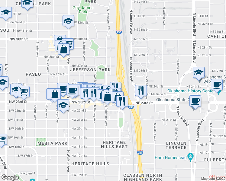 map of restaurants, bars, coffee shops, grocery stores, and more near 121 NW 24th St in Oklahoma City