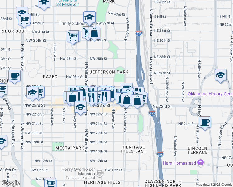 map of restaurants, bars, coffee shops, grocery stores, and more near 215 1/2 Northwest 24th Street in Oklahoma City